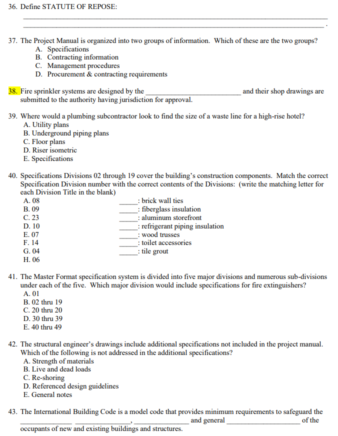 Solved 36. Define STATUTE OF REPOSE 37. The Project Manual