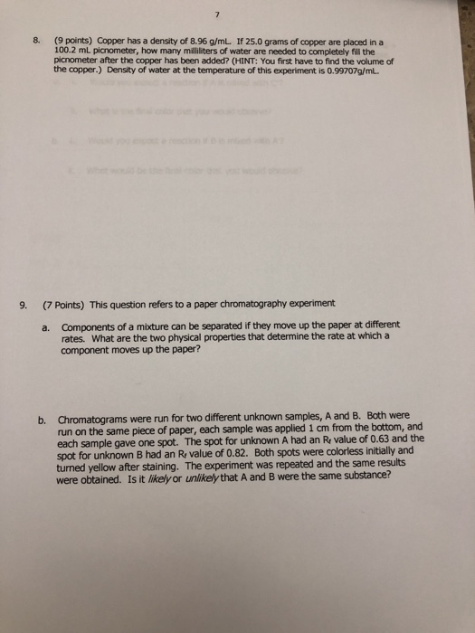 Solved 8. (9 points) Copper has a density of 8.96 g/mL.