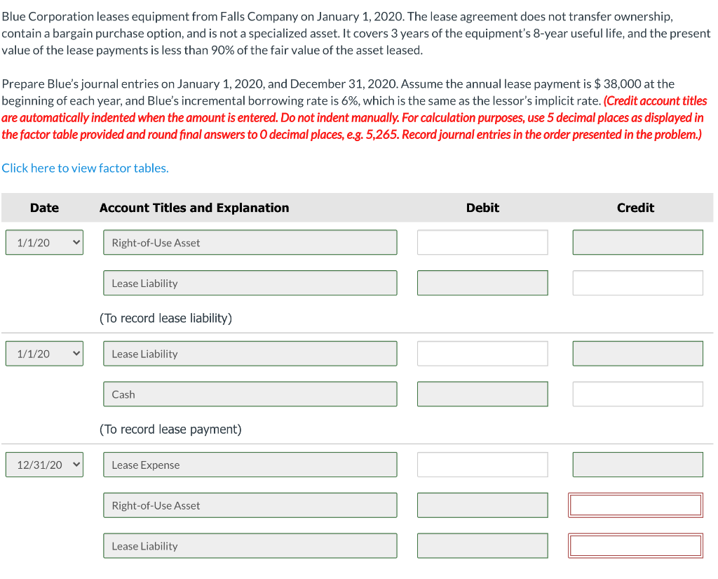 Solved Blue Corporation leases equipment from Falls Company