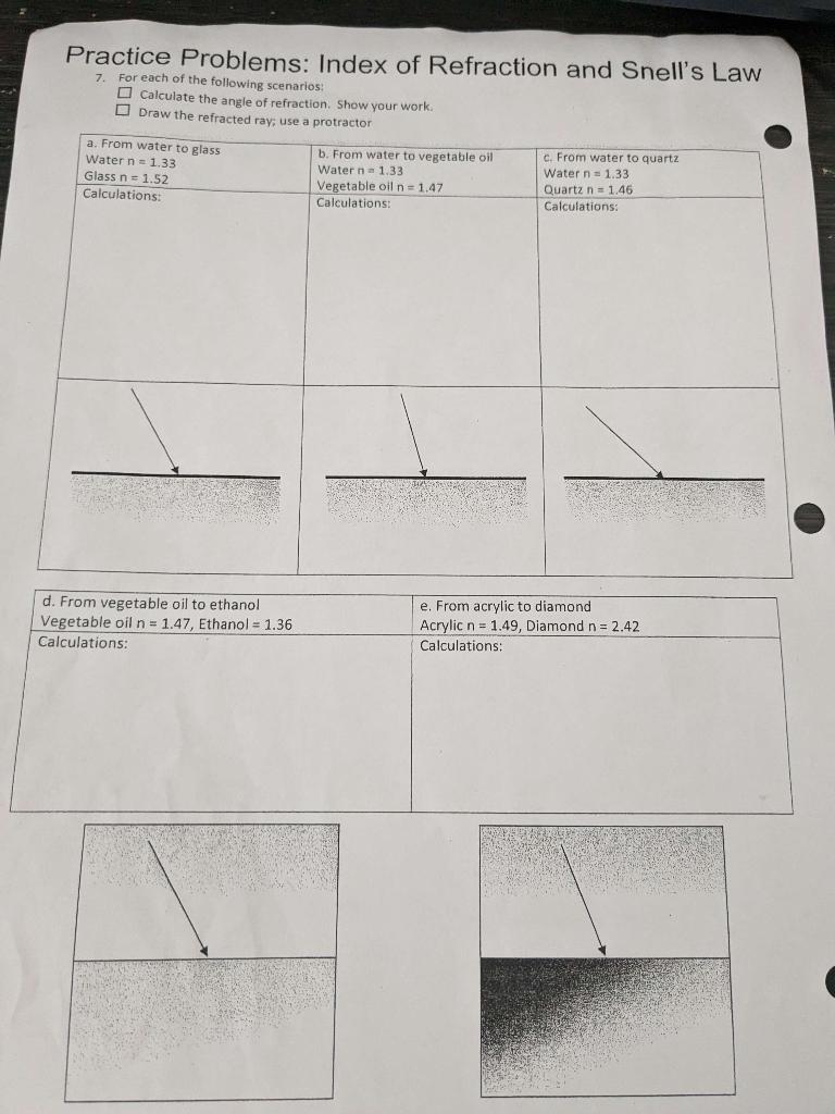 Practice Problems Index of Refraction and Snell's