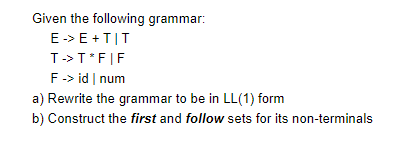 Solved Given The Following Grammar: E→E+T∣TT→T∗ F∣FF>id∣ Num | Chegg.com