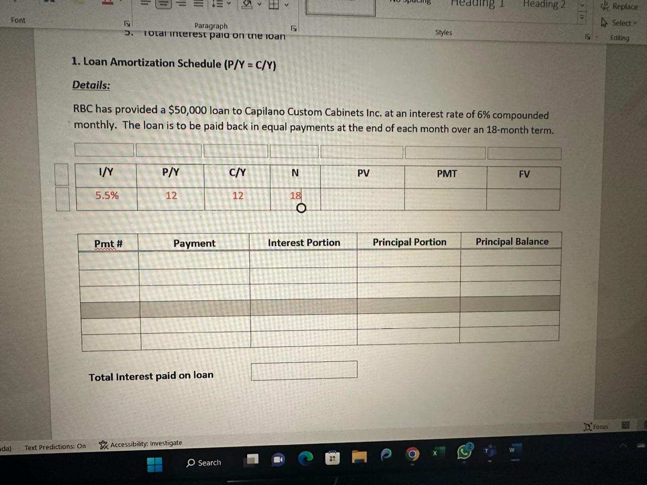 Solved 1. Loan Amortization Schedule (P/Y=C/Y) Details RBC