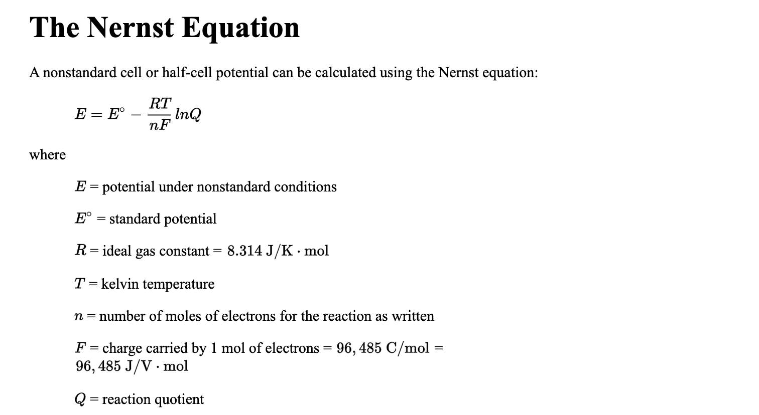 Solved The Nernst Equation A nonstandard cell or halfcell