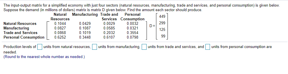 Solved The input-output matrix for a simplified economy with | Chegg.com