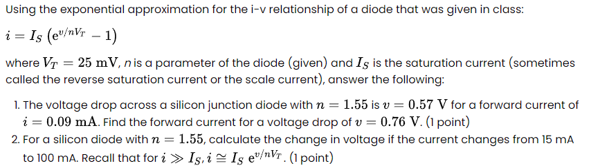 Solved Using the exponential approximation for the i−v | Chegg.com