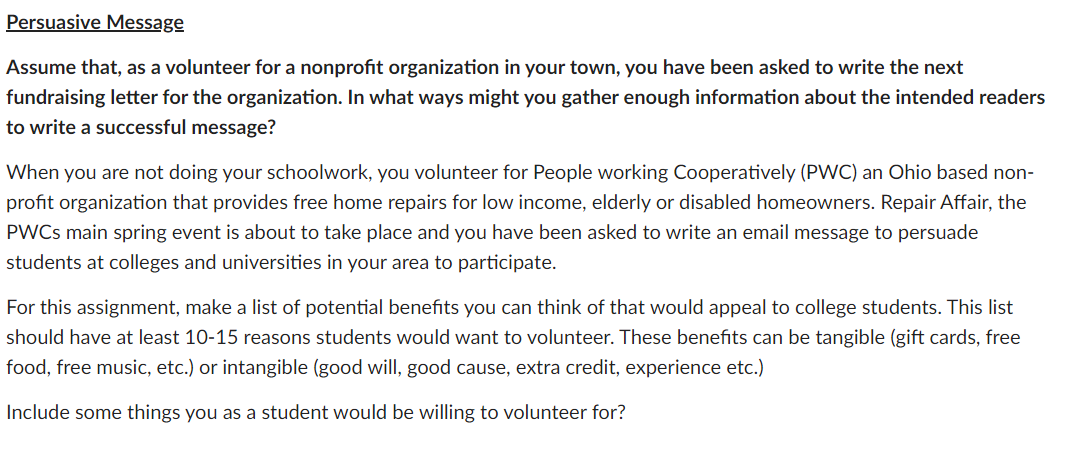 Solved Persuasive Message Assume that, as a volunteer for a | Chegg.com