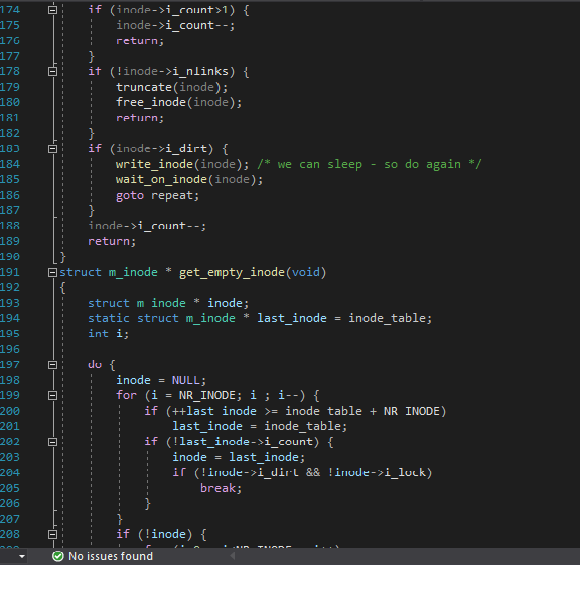 174 175 176 177 178 if (inode->i_count>1) { inode->i_count--; return; 179 if (!inode->i_nlinks) { truncate(inode); free_inode