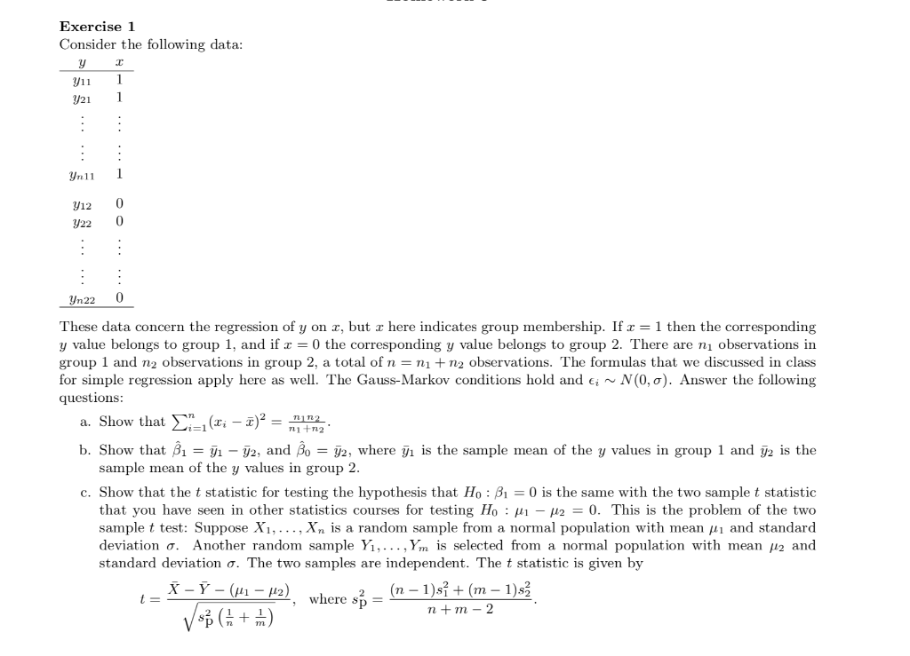 Solved Exercise 1 Consider the following data: Yu11 921 1 Yn | Chegg.com