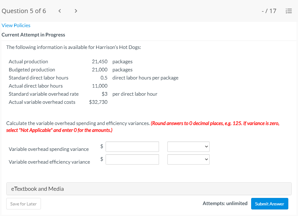 Solved Question 5 Of 6 -/17 View Policies Current Attempt In | Chegg.com