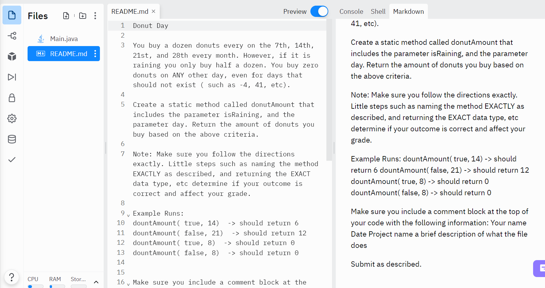 Solved E Main.java Console Shell Files Markdown O Preview of | Chegg.com