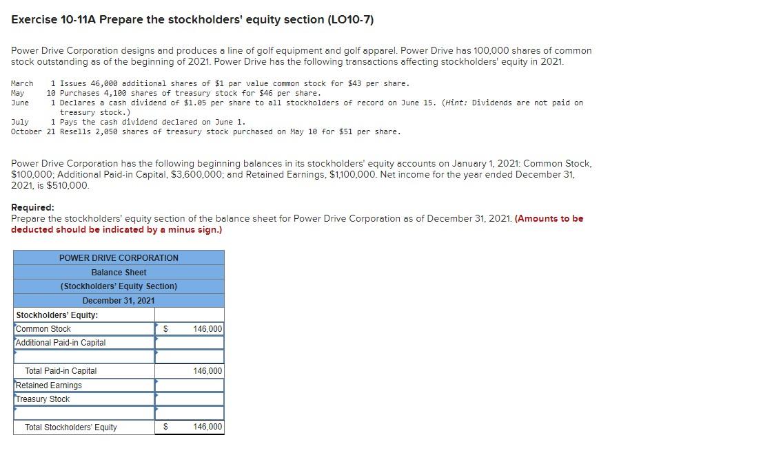 Solved Exercise 1011A Prepare the stockholders' equity