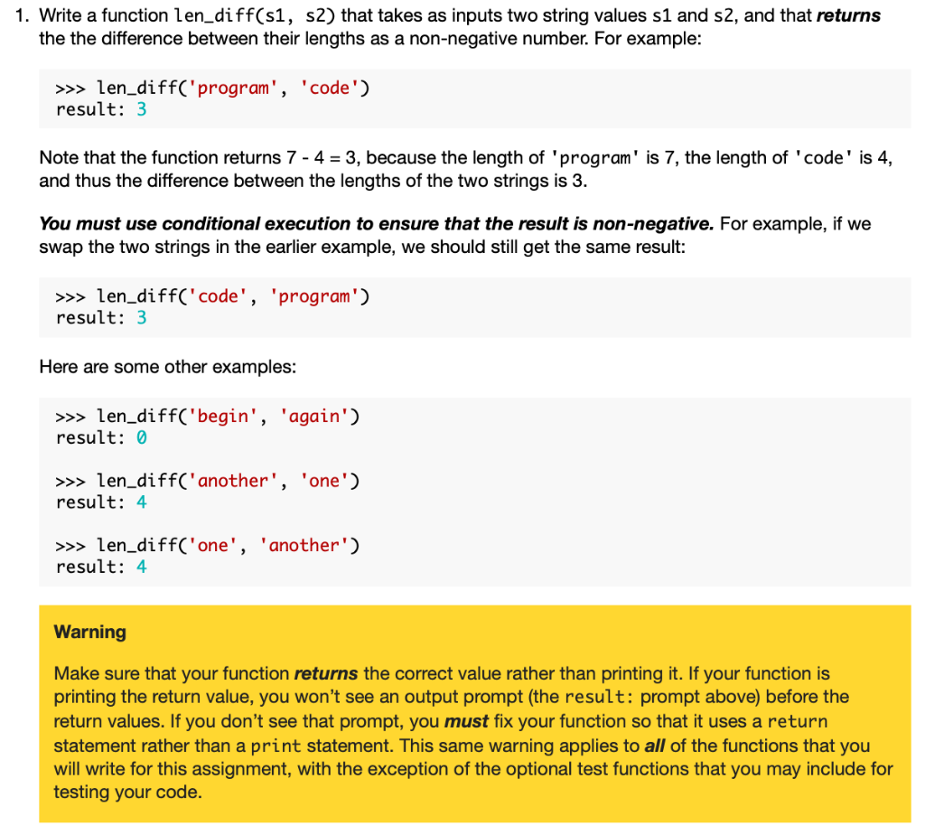 Solved 1. Write a function len_diff(s1, s2) that takes as | Chegg.com