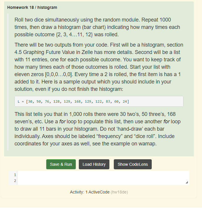 Solved Homework 18 / histogram Roll two dice simultaneously