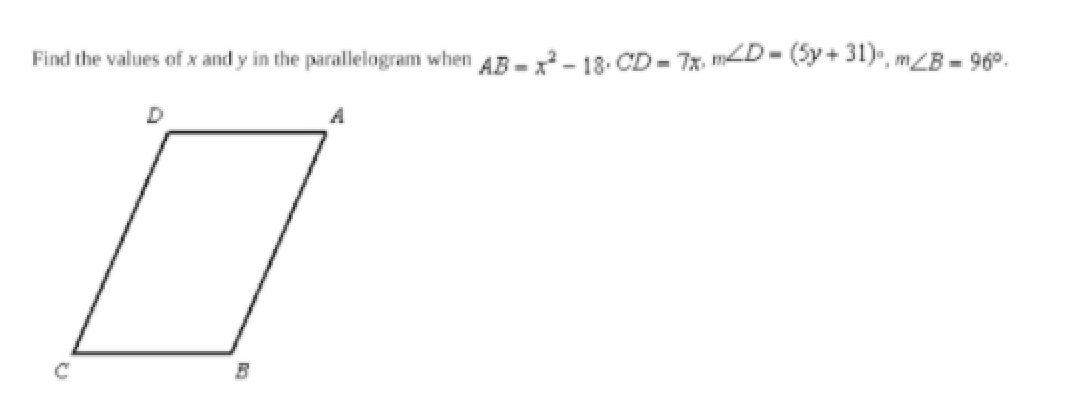 Solved Find the values of x and y in the parallelogram when | Chegg.com