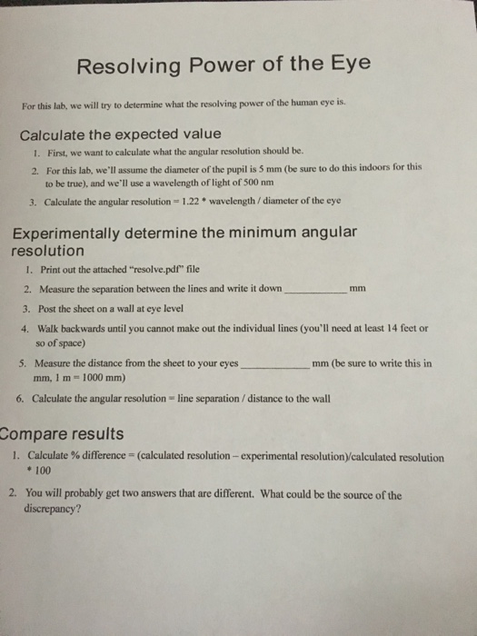 Solved Resolving Power of the Eye For this lab, we will try | Chegg.com