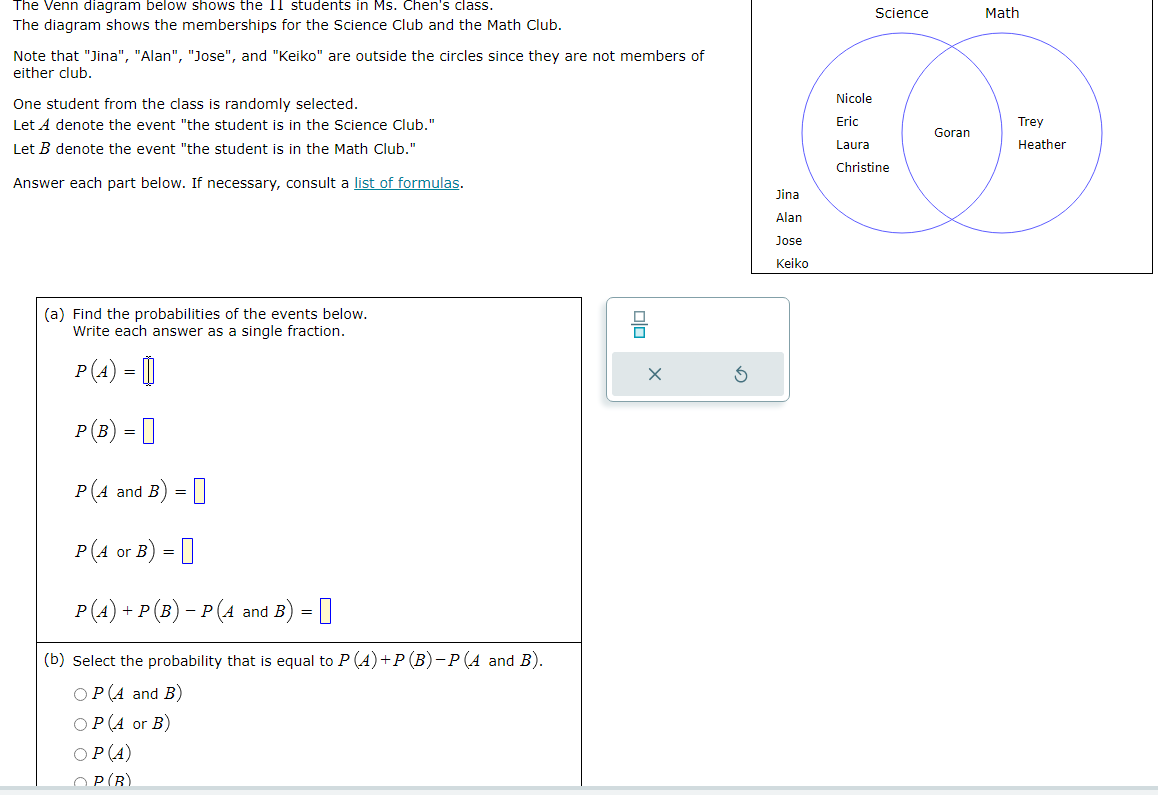 Solved The Venn diagram below shows the 11 students in Ms. | Chegg.com