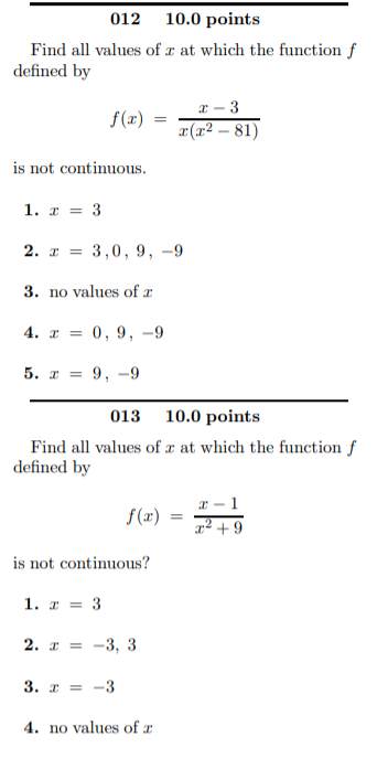 Solved 012 10.0 points Find all values of c at which the | Chegg.com