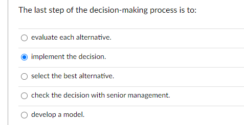 Solved The last step of the decision-making process is to: | Chegg.com