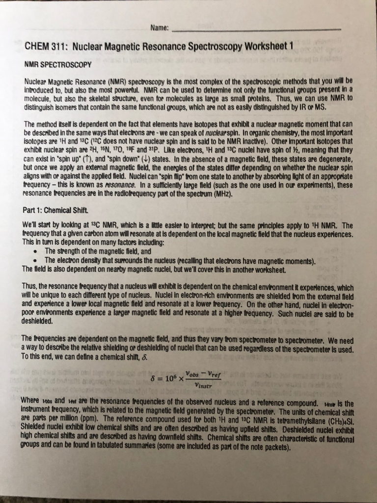 Solved: Name: CHEM 311: Nuclear Magnetic Resonance Spectro... | Chegg.com