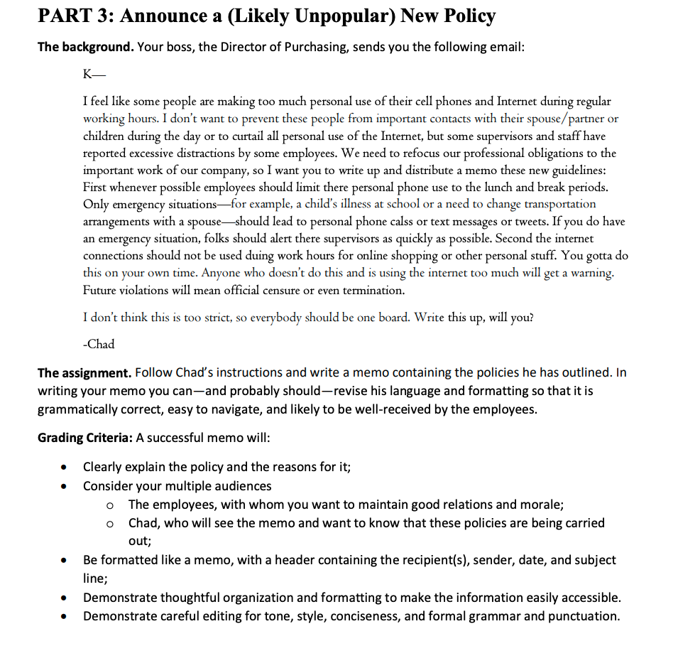 PART 3: Announce a (Likely Unpopular) New Policy The | Chegg.com