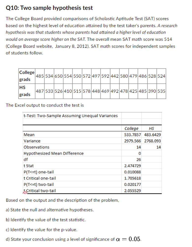 Solved Q10: Two sample hypothesis testThe College Board | Chegg.com
