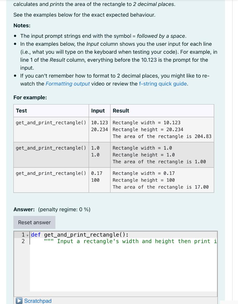 Solved calculates and prints the area of the rectangle to 2 | Chegg.com