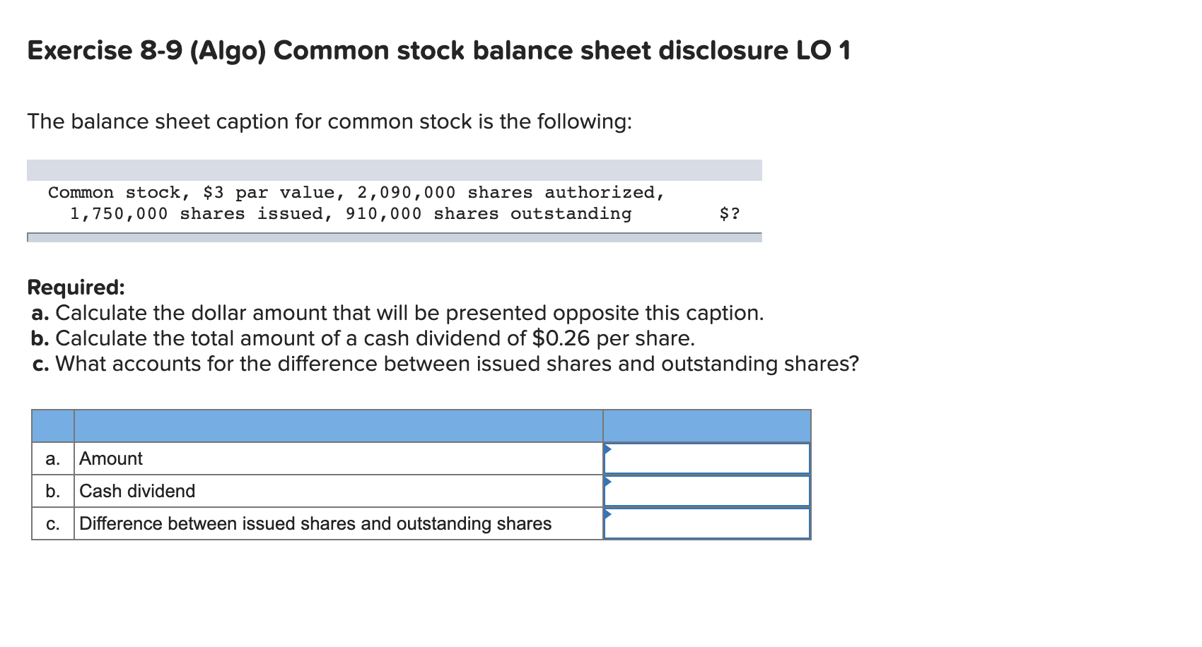 Solved Exercise 8-9 (Algo) Common stock balance sheet | Chegg.com