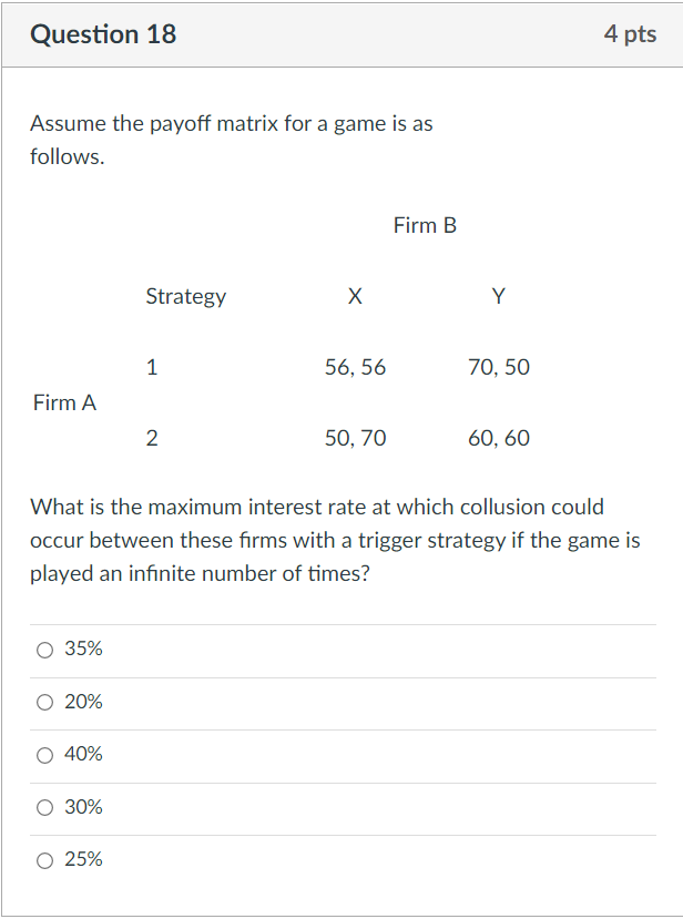 Solved Question 18 4 Pts Assume The Payoff Matrix For A Game | Chegg.com