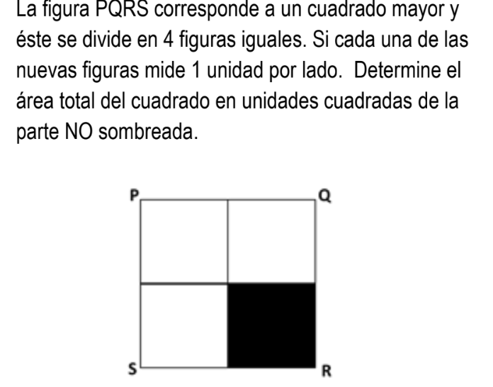 La figura PQRS corresponde a un cuadrado mayor y éste se divide en 4 figuras iguales. Si cada una de las nuevas figuras mide