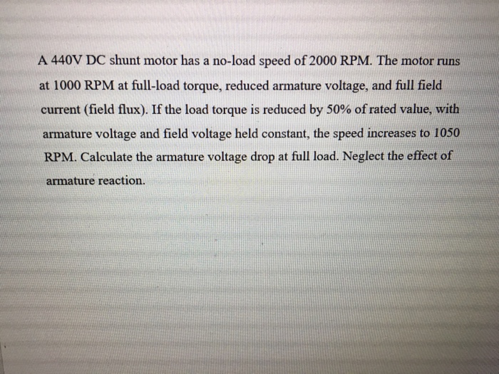 Solved A 440V DC Shunt Motor Has A No-load Speed Of 2000 | Chegg.com