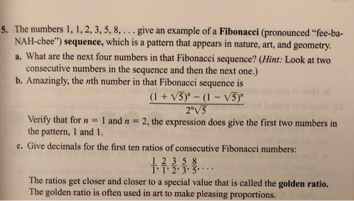 5. The numbers 1, 1, 2, 3, 5, 8,.. give an example of | Chegg.com