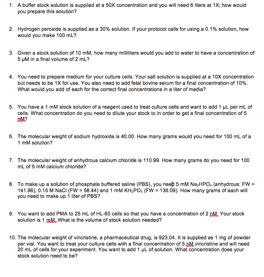 Solved 1. A buffer stock solution is supplied at a 50X