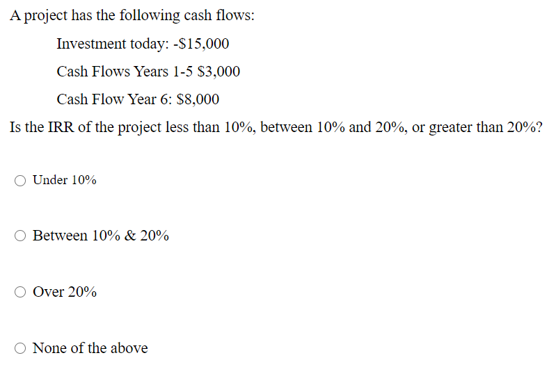 Solved A Project Has The Following Cash Flows: Investment | Chegg.com