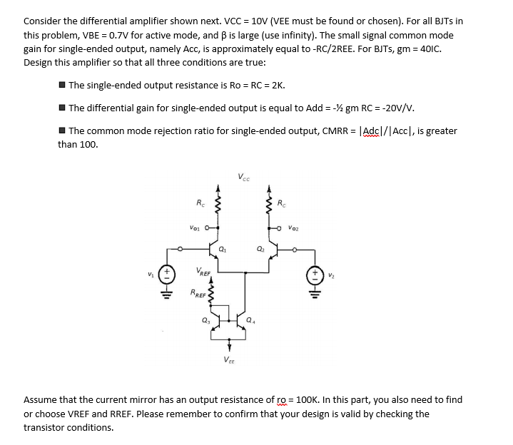 Solved Consider the differential amplifier shown next. VCC = | Chegg.com