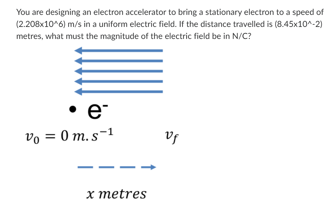 You are designing an electron accelerator to bring a stationary electron to a speed of \( \left(2.208 \times 10^{\wedge} 6\ri