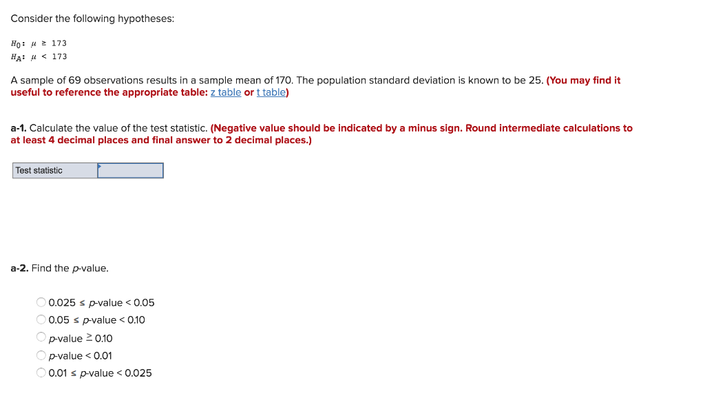 Solved Consider The Following Hypotheses H0 M 173 Ha M Chegg Com