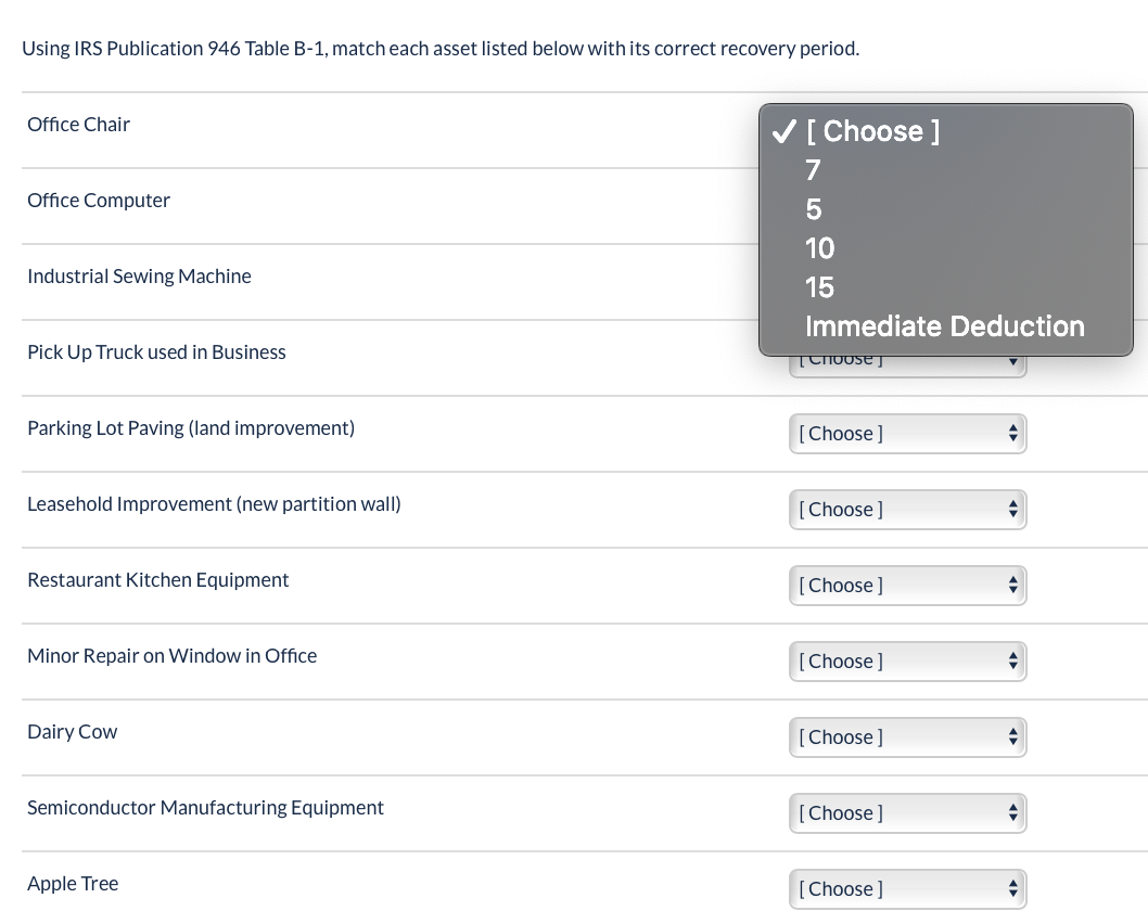 Solved Using IRS Publication 946 Table B-1, match each asset | Chegg.com