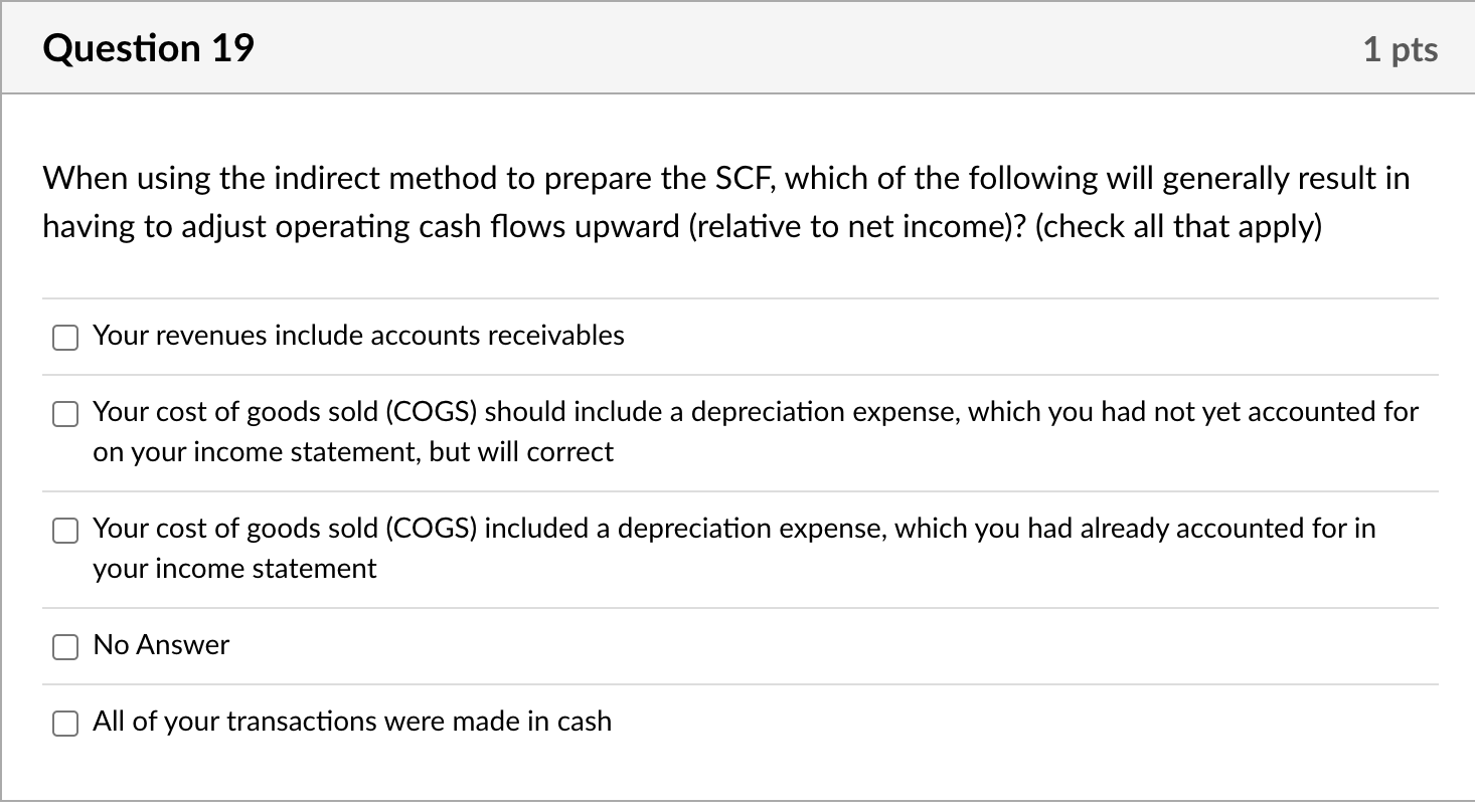 Solved Question 19 1 pts When using the indirect method to | Chegg.com