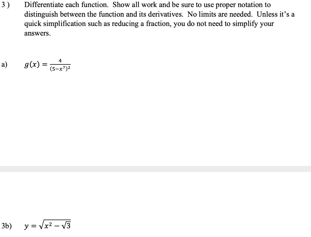 Solved 3) Differentiate each function. Show all work and be | Chegg.com