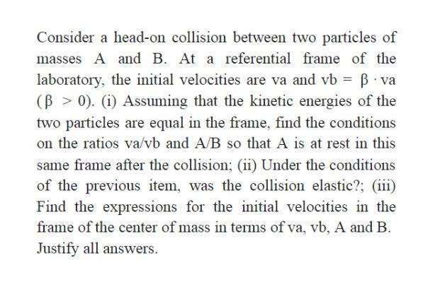 Solved Consider a head-on collision between two particles of | Chegg.com