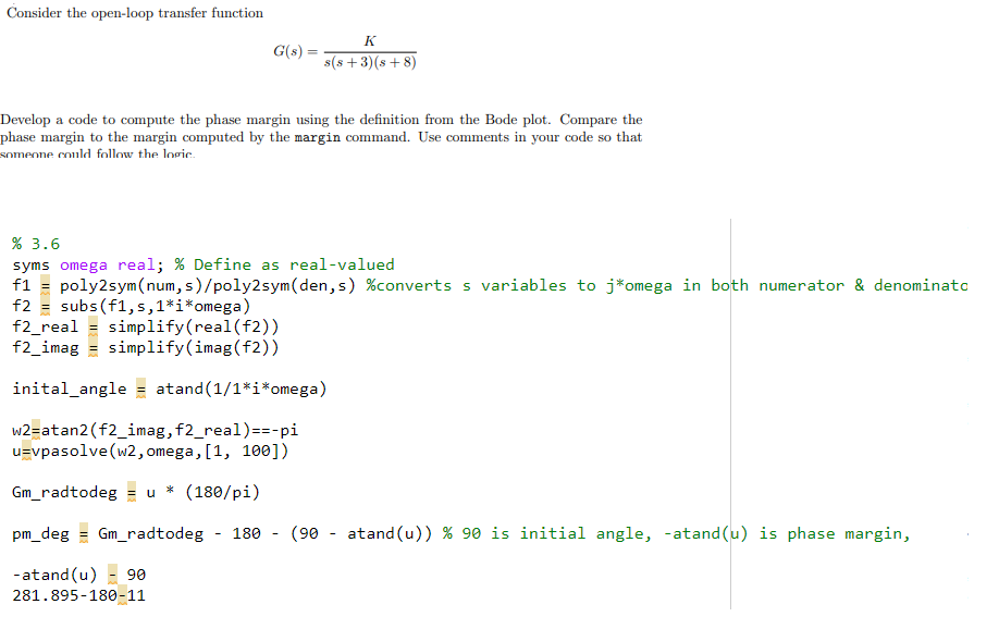 Need help creating a code for the phase margin for a | Chegg.com