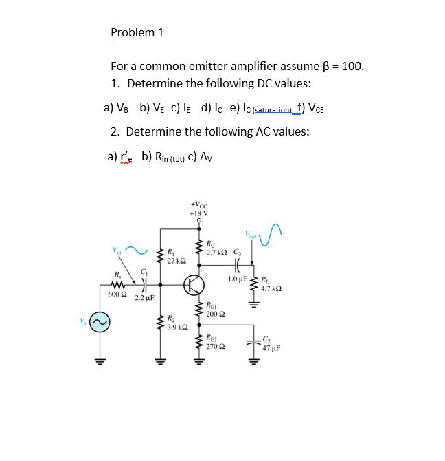 Solved Problem 1 For A Common Emitter Amplifier Assume B = | Chegg.com