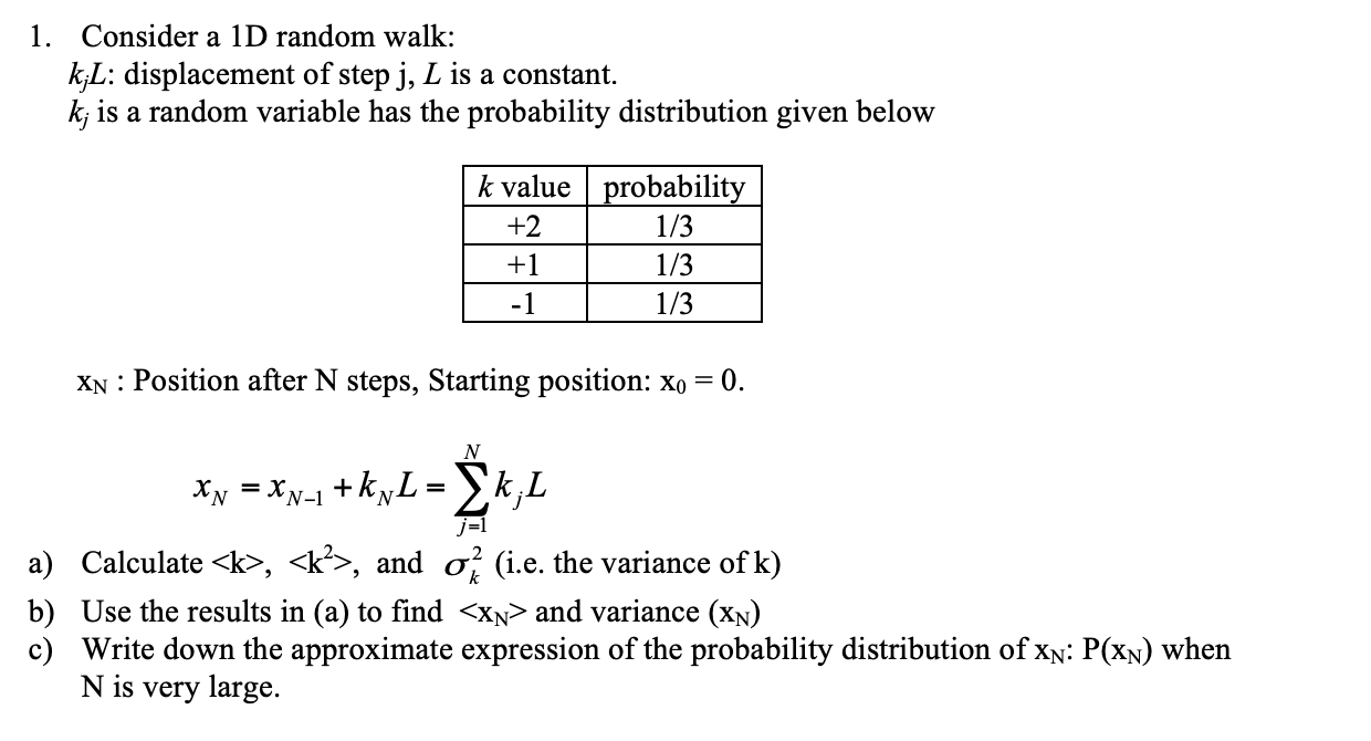 Solved 1 Consider A 1d Random Walk K L Displacement Of Chegg Com