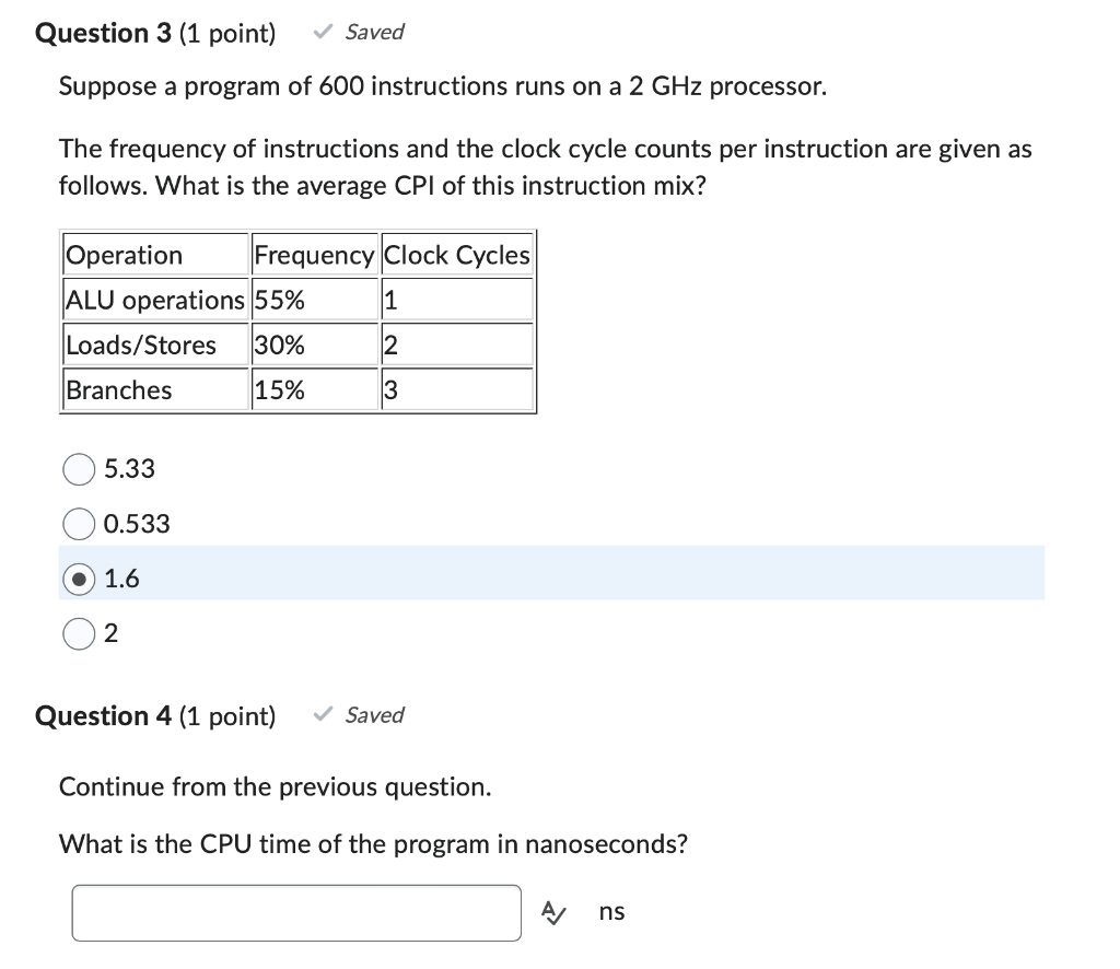 Solved What is the clock cycle time in nanoseconds ( ns) of
