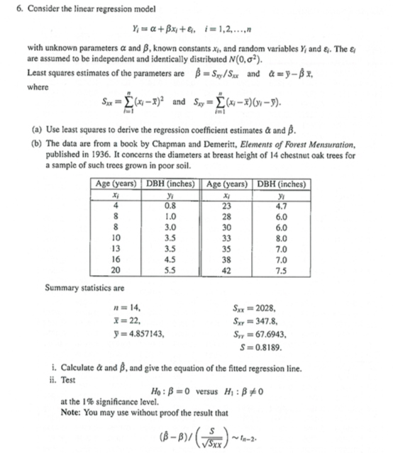 Solved 6. Consider the linear regression model Y;= a + | Chegg.com