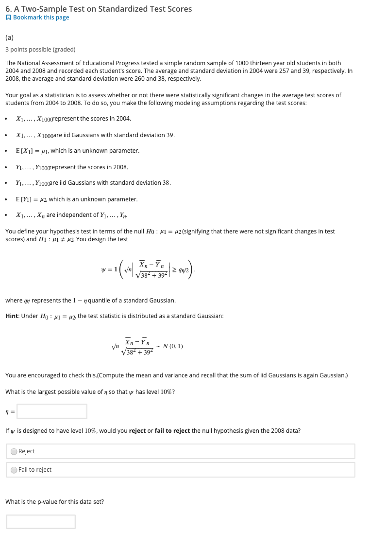 Solved 6. A TWO-Sample Test on Standardized Test Scores | Chegg.com