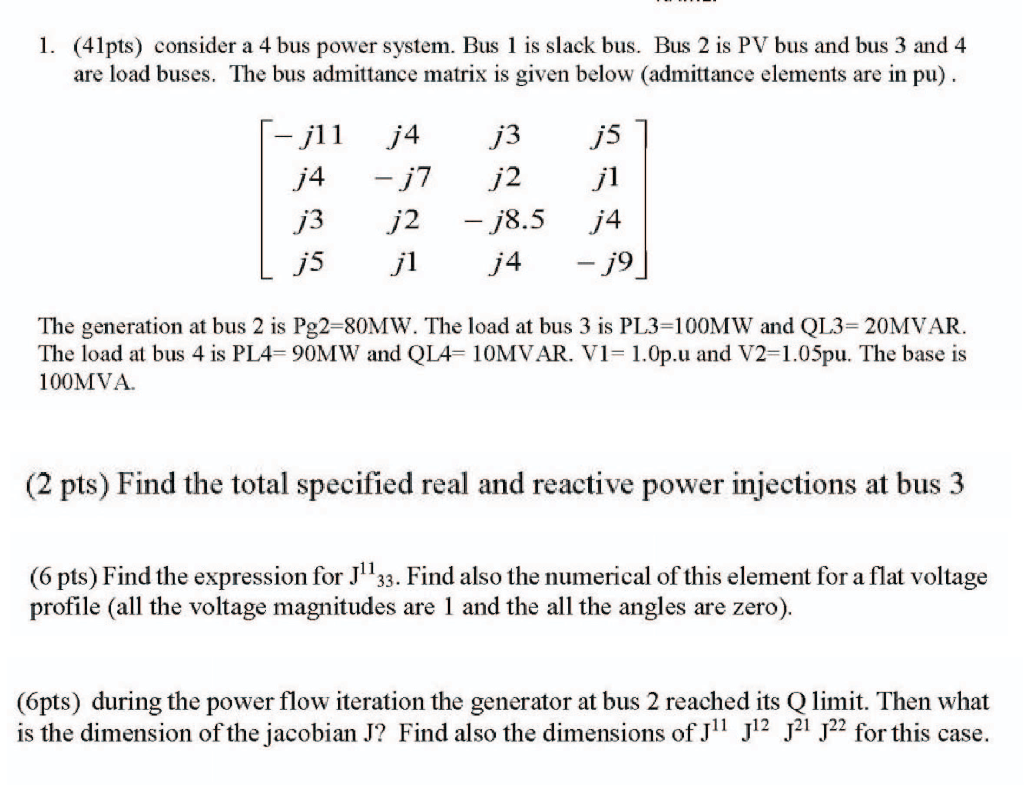 Solved 1. (41pts) consider a 4 bus power system. Bus 1 is | Chegg.com