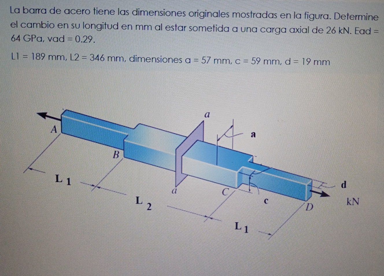 La barra de acero tiene las dimensiones originales mostradas en la figura. Determine el cambio en su longitud en \( \mathrm{m