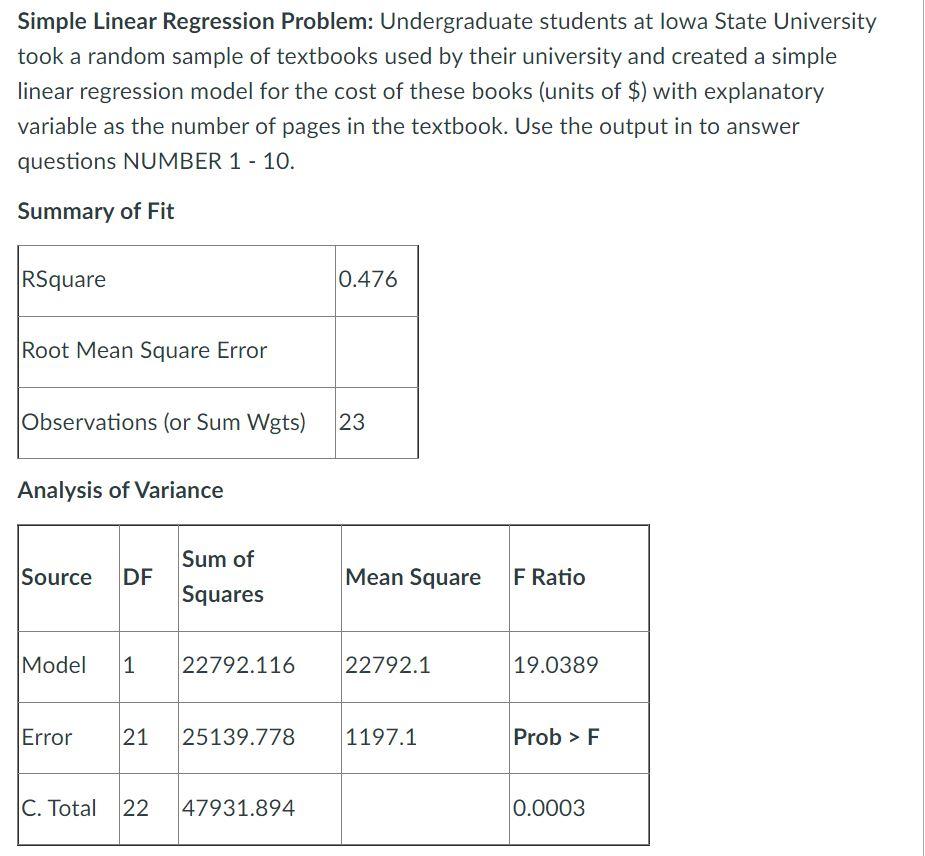 Solved Simple Linear Regression Problem: Undergraduate | Chegg.com