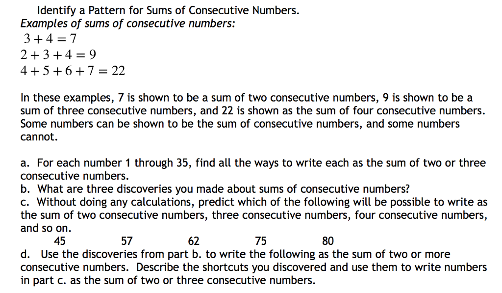 Solved Identify a Pattern for Sums of Consecutive Numbers. | Chegg.com